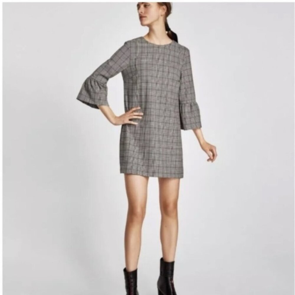 Zara Plaid Mini Dress Bell Ruffle Sleeves Small S